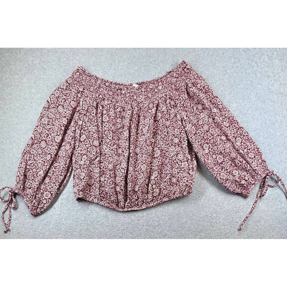 Abercrombie & Fitch Floral Off Shoulder Smocked Balloon Sleeve Top Burgundy XS
